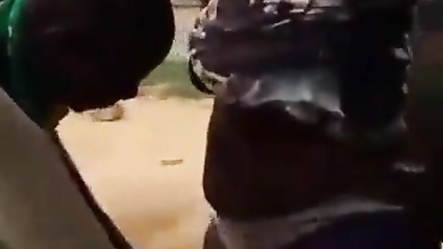 African Guy Fingering Wife And Squeezing Her Breasts In Public - 3 image