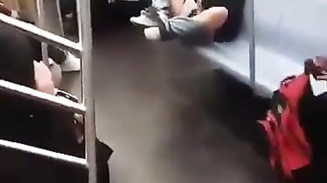 Chick fingering herself & showing her pussy in public on a subway