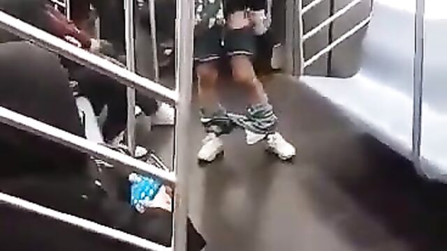 Chick fingering herself & showing her pussy in public on a subway - 5 image