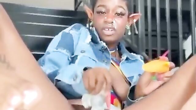 Shameful! Her neighbor caught her exposing her pussy and breasts on the stairs, and recording it! - 1 image