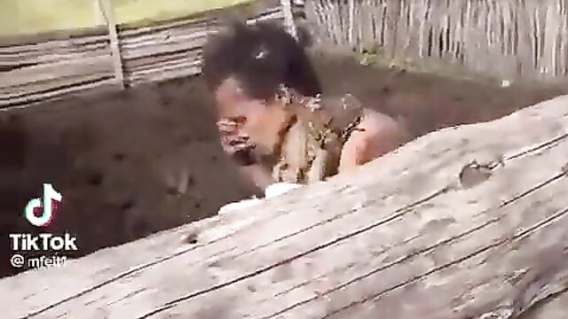 Naked Woman Caught On A Farm, Showing Her Breasts In Public