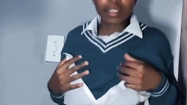 School girl caught flashing her boobs before school