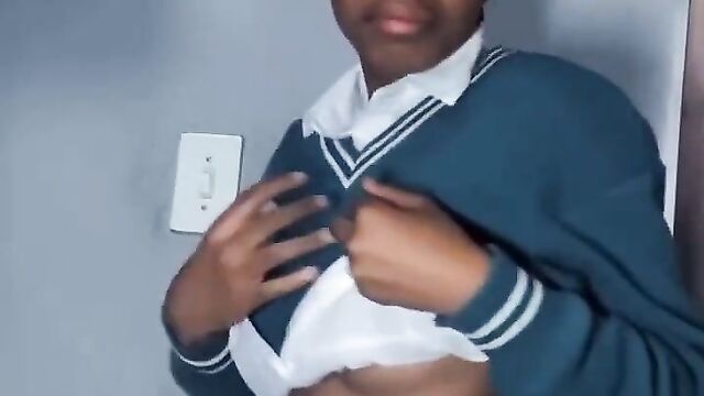 School girl caught flashing her boobs before school - 4 image