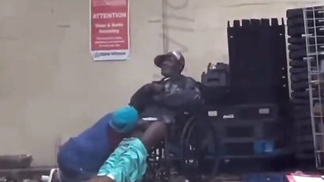 Disabled Guy Receiving Blow Job On A Wheelchair In Public