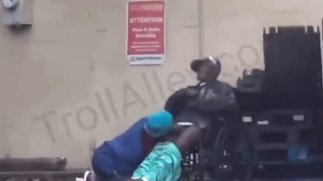 Disabled Guy Receiving Blow Job On A Wheelchair In Public - 4 image