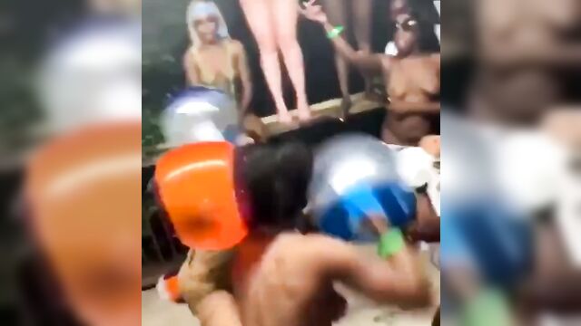 Ebony strippers with big tits fighting naked in crazy public boxing match