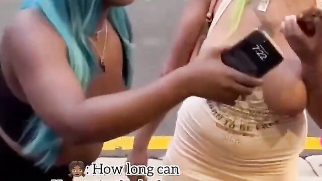 Girls with big breasts showing their naked breasts in public during sex position interview