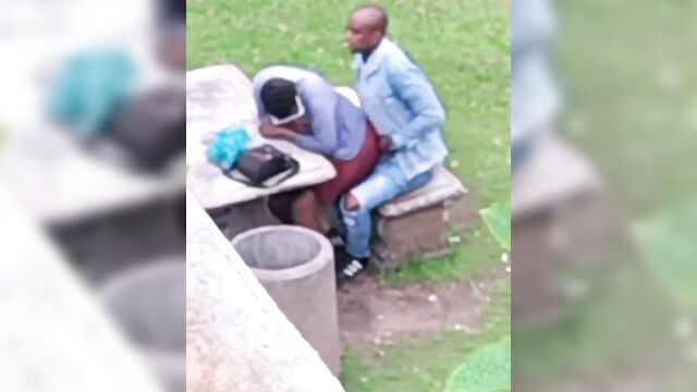 Ebony couple banging in a public park - 2 image