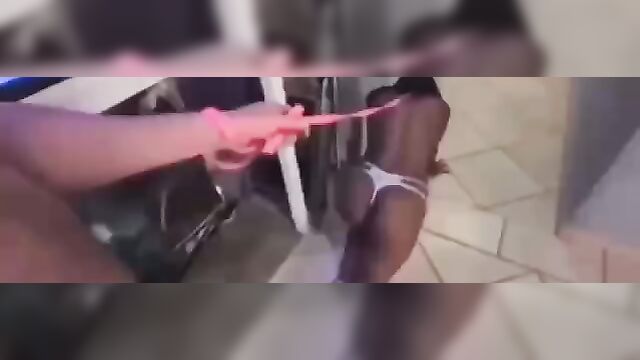 BDSM Sex pervert walks black whore like a dog and pees on her with her head in the toilet - 1 image