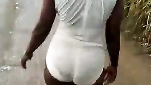 Chick wearing panties in public, showing boobs and pussy - 1 image