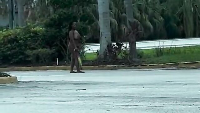 Naked Black Woman With Big Breasts Caught On The Road In Public - 1 image