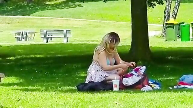 Hot Mom With Big Boobs Caught Stripping Naked And Undressing At The Park In Public - 1 image