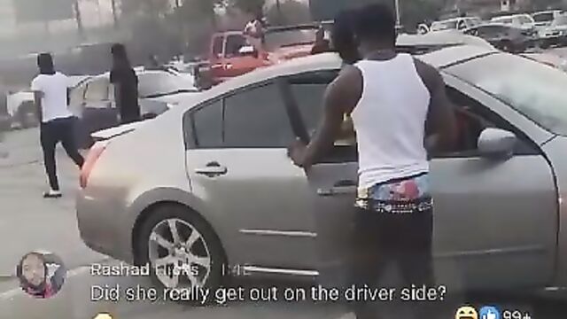 Two whores fighting over a man with vagina and breasts exposed