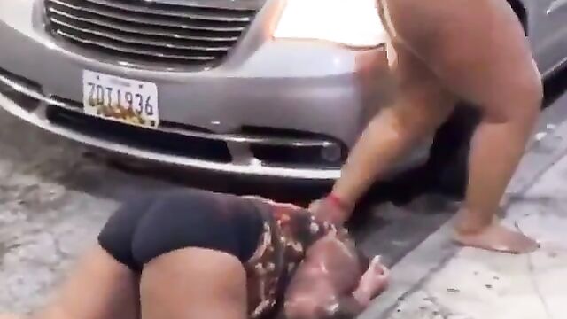 Big breasts and ass pop out as BBW chick gets beaten in public for fucking another girl’s boyfriend - 3 image