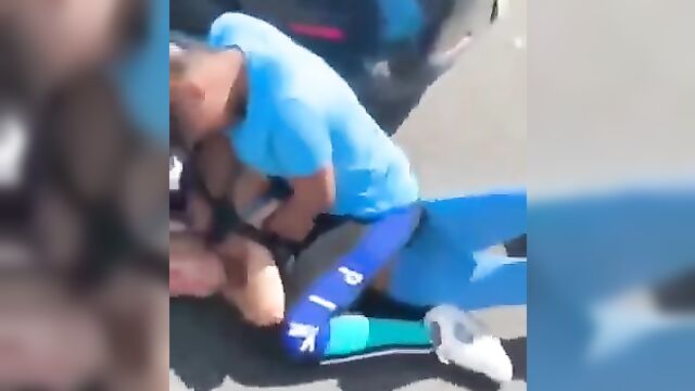 Boobs out as black whore beats up white girl in public - 1 image