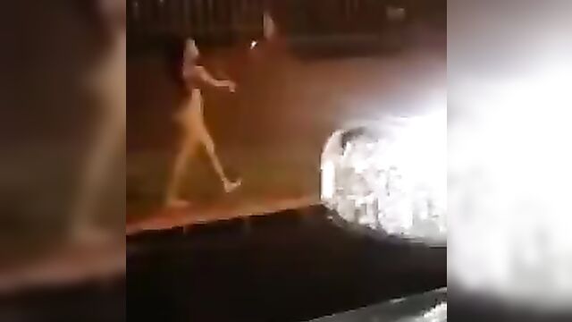 Nude girl with fine ass caught naked in public at night