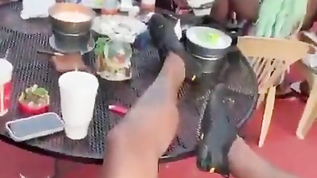 Crazy lady masturbating and giving boyfriend head in public restaurant - 3 image