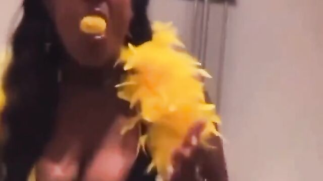 Whore swallows a ball and ejects it through her pussy