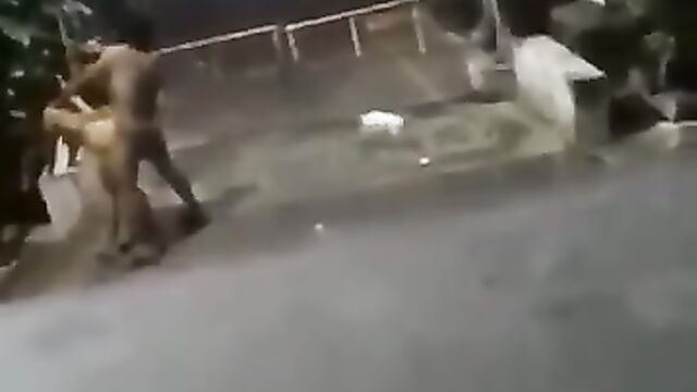 Crazy naked couple having sex outside in public